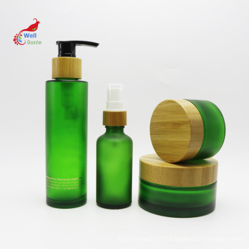 green glass jar with bamboo lid cosmetic packaging container set glass pump bottle bamboo cap BJ-216B